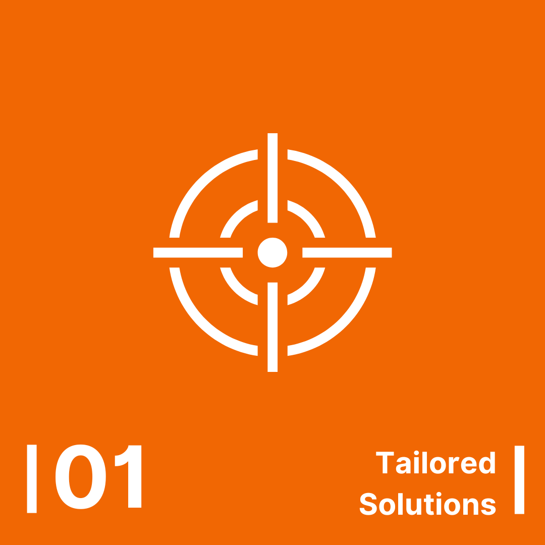 White crosshair target icon on orange background, labeled “01 Tailored Solutions.”