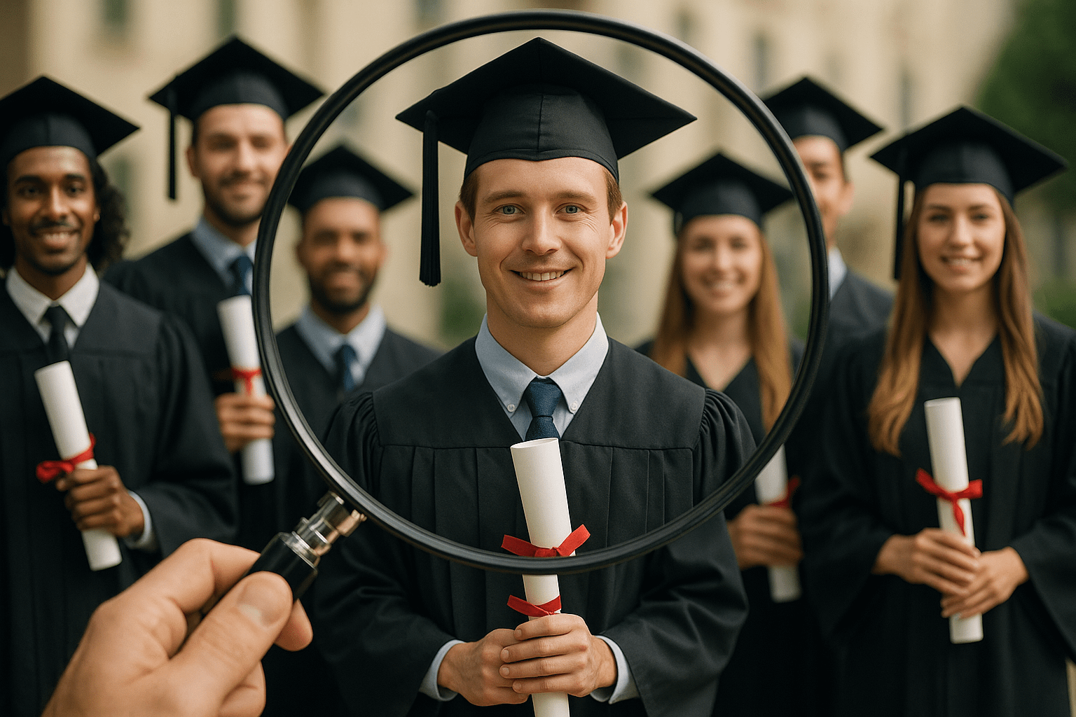 Graduate highlighted with magnifying glass – job search concept Graduate highlighted with magnifying glass – job search concept