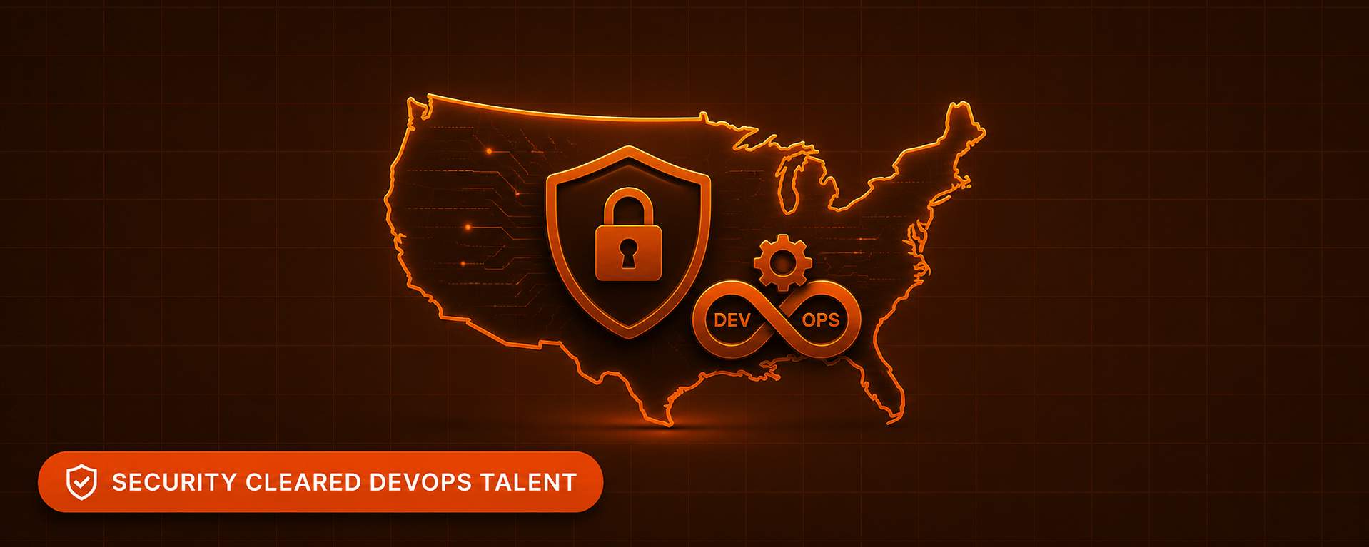 Security Cleared DevOps Talent USA US outline graphic representing security cleared DevOps talent recruitment with cyber security and cloud engineering icons