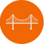 White line icon of a suspension bridge inside an orange circle.