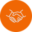 Handshake partnership icon in orange circle.