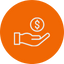 White line icon of a hand holding a coin with a dollar sign inside an orange circle.