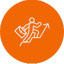 White line icon of a person holding a briefcase climbing upward along an arrow inside an orange circle.