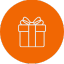 White line icon of a gift box with a bow inside an orange circle.